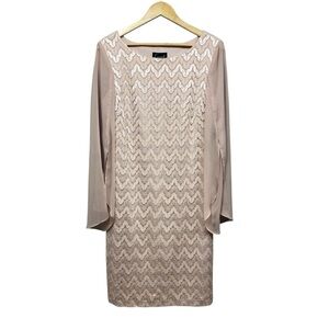 Connected Apparel Taupe Lace Sheath Dress with Chiffon Sleeves, Size 10